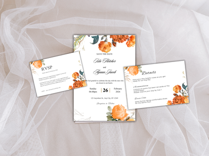Wedding Invitation Bundle, RSVP, Thank You Card, Table Card, Menu Card, Reception Card, Details Card. WI250