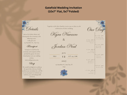Elegant Blue Floral Wedding Invitation Template | Modern Folded Wedding Invite with Timeline | Printable Wedding Suite. WI150