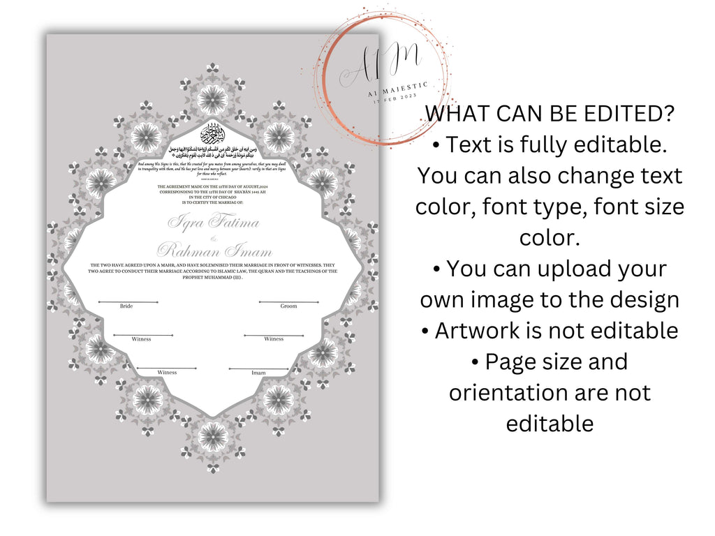 Nikkah Certificate Digital Download Personalised, A4, A3, Template, Editable, Nikkah Contract, Muslim Contract. NN230