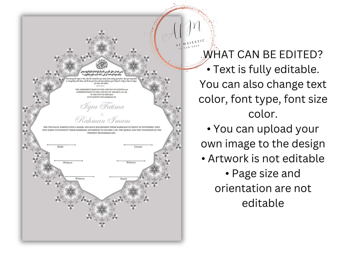 Nikkah Certificate Digital Download Personalised, A4, A3, Template, Editable, Nikkah Contract, Muslim Contract. NN230