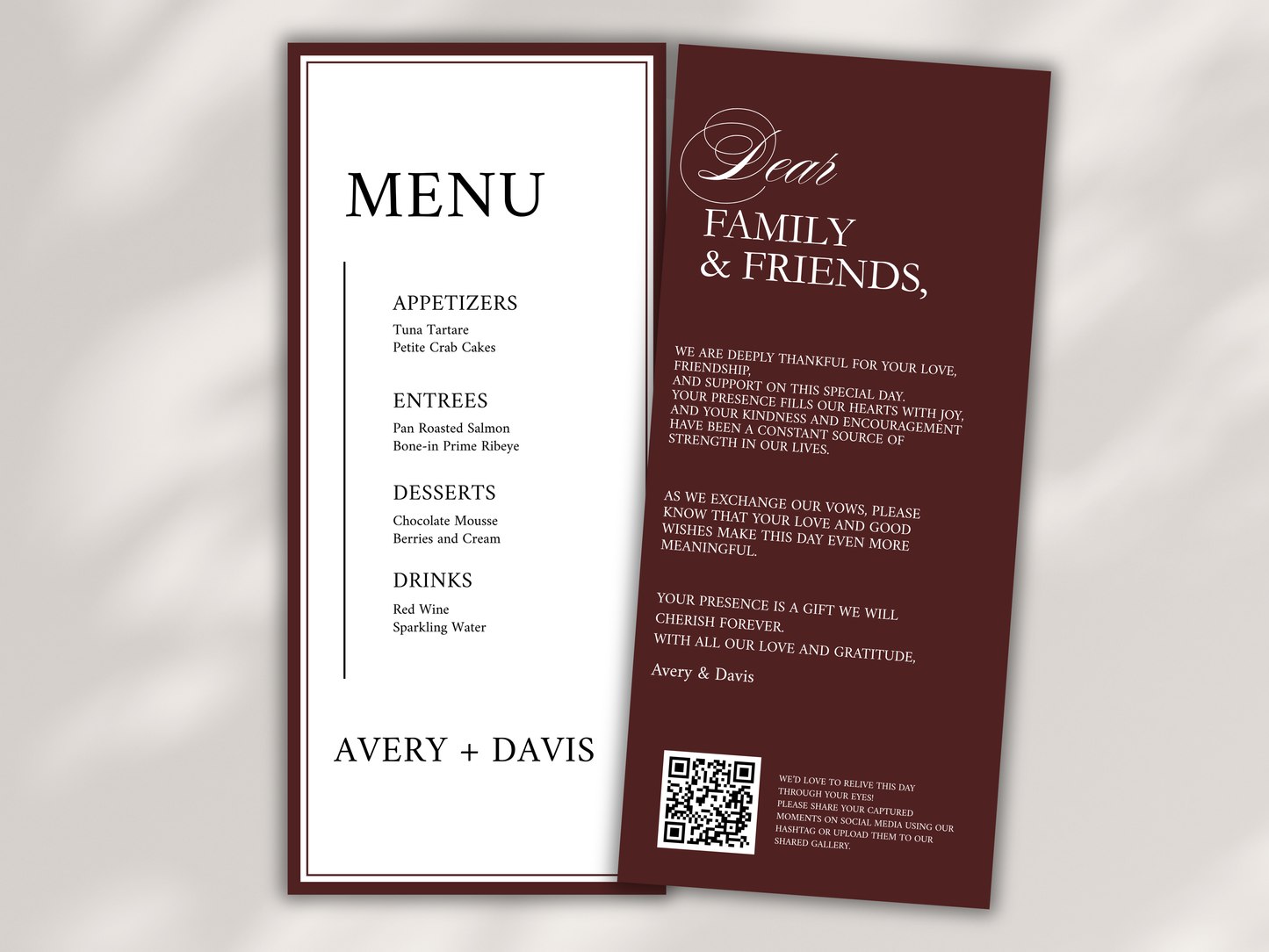 Modern Wedding Menu & Thank You Card Template | Editable Canva Design | Elegant Burgundy Reception Set | Minimal Wedding Stationery. WI187