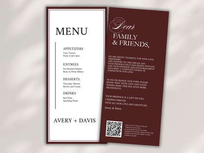 Modern Wedding Menu & Thank You Card Template | Editable Canva Design | Elegant Burgundy Reception Set | Minimal Wedding Stationery. WI187