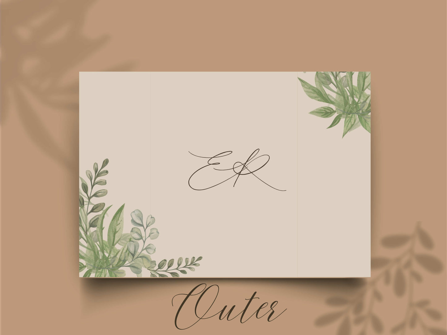 Elegant Greenery Trifold Wedding Invitation | Modern Minimalist Folded Invite with Itinerary | Botanical Geometric Gold Wedding Card. WI141