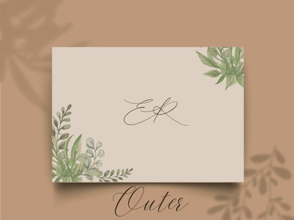 Elegant Greenery Trifold Wedding Invitation | Modern Minimalist Folded Invite with Itinerary | Botanical Geometric Gold Wedding Card. WI141