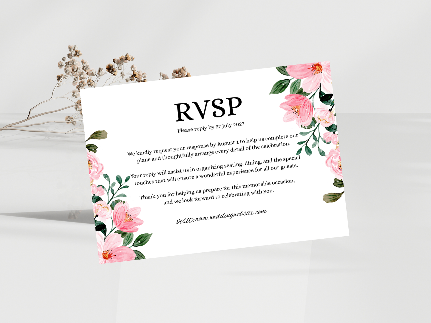 Pink Floral Wedding Invitation Suite, Blush Invite, Editable RSVP, Details, Menu & Thank You MTC385
