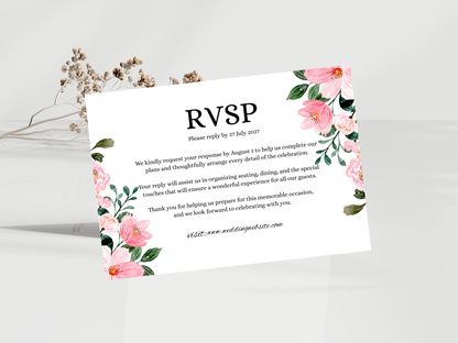 Pink Floral Wedding Invitation Suite, Blush Invite, Editable RSVP, Details, Menu & Thank You MTC385