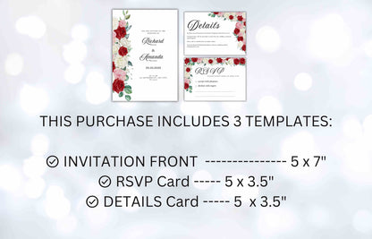 Red, Pink and White Roses Wedding Invitation Set, Red Roses Wedding Invite, Floral Wedding, RSVP Card, Details Card, Instant Download. WT89