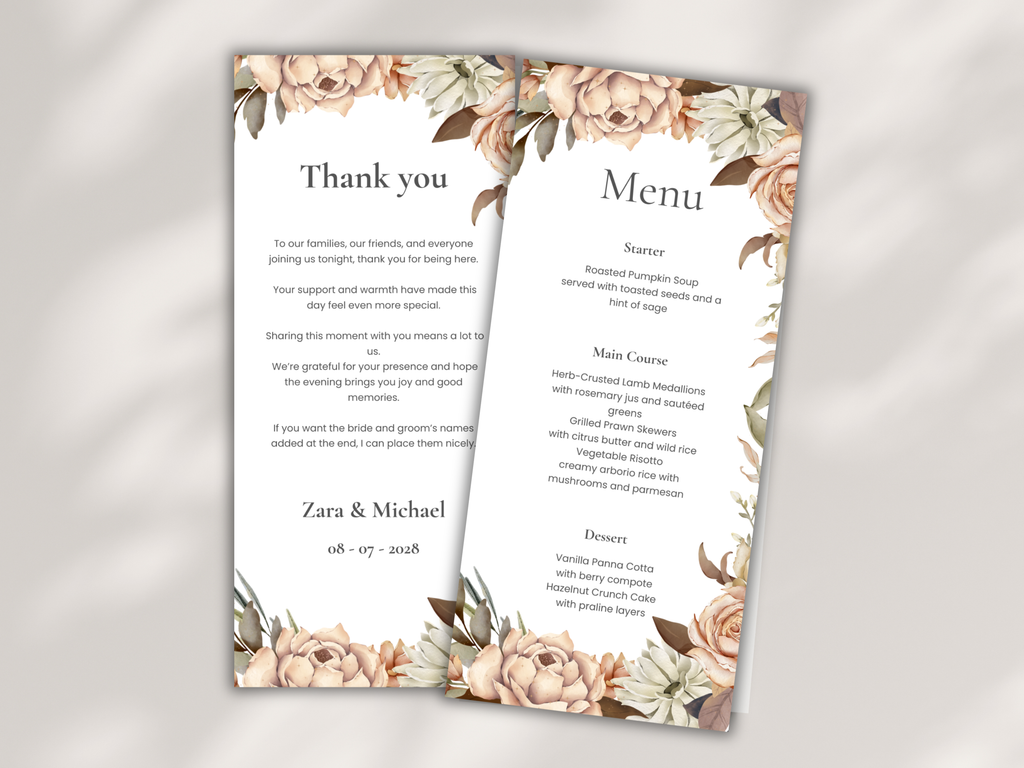 Wedding Menu & Thank You Template | Editable Canva Place Card. WI218