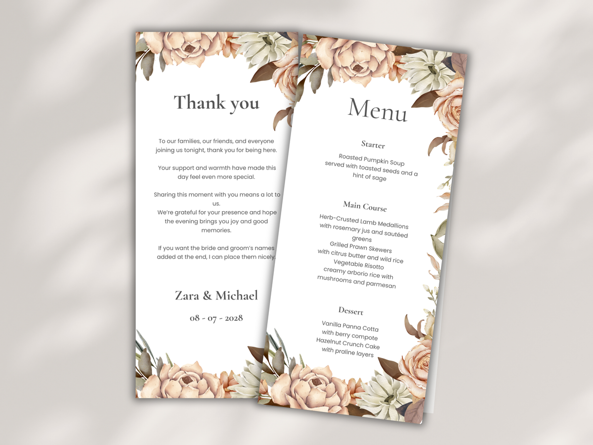 Wedding Menu & Thank You Template | Editable Canva Place Card. WI218