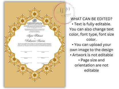 Customized Nikkah Certificate, A4/A3 Contract Digital Nikah Nama, Islamic Marriage Certificate, Muslim Marriage Contract Gold.NN228