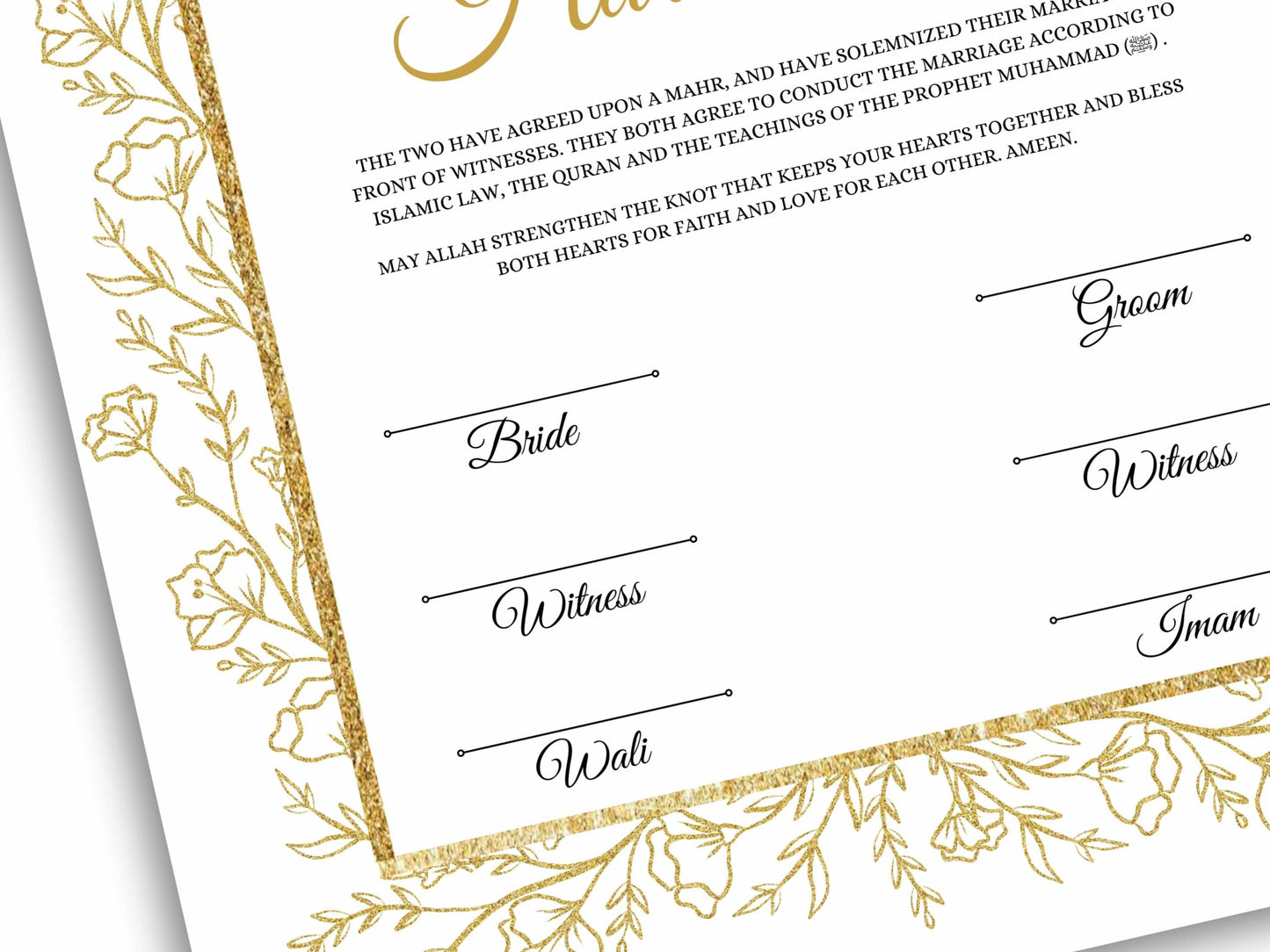 Gold Floral Nikkah Certificate Digital Download Personalised, A4, A3, Template, Instat Download. NN206