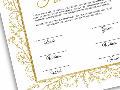 Gold Floral Nikkah Certificate Digital Download Personalised, A4, A3, Template, Instat Download. NN206