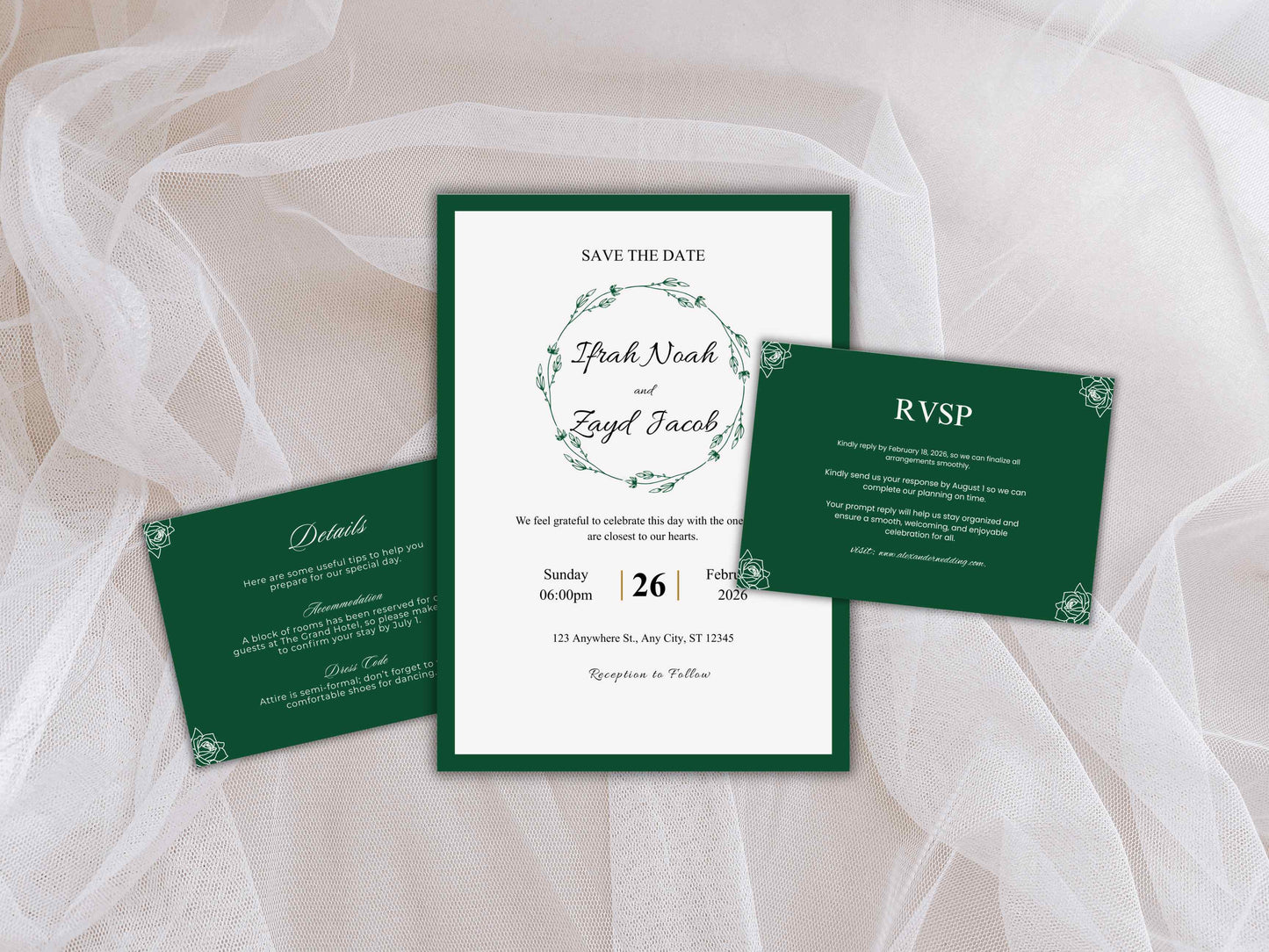 Wedding Invitation Bundle, RSVP, Thank You Card, Table Card, Menu Card, Reception Card, Details Card. WI254