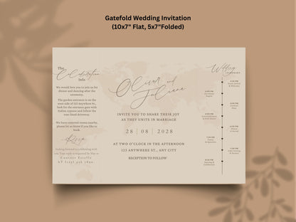Destination Wedding Invitation Template Gatefold | Elegant Folded Travel Theme Invite | Printable Timeline & RSVP Card. WI146