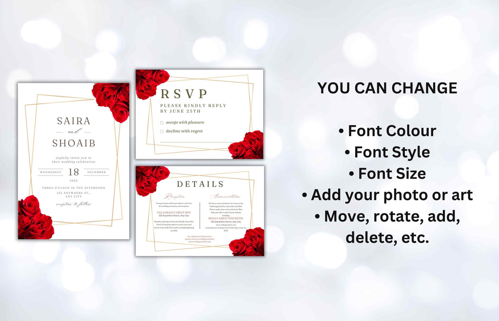 Elegant Red Rose Wedding Invitation Suite, Red Rose Wedding Invitation with Gold Frame, Printable Suite, Burgundy Editable Rsvp. WI99