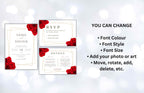 Elegant Red Rose Wedding Invitation Suite, Red Rose Wedding Invitation with Gold Frame, Printable Suite, Burgundy Editable Rsvp. WI99