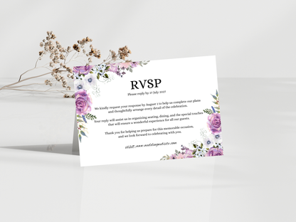 Purple Floral Wedding Invitation Suite, Editable RSVP, Details Card, WI378