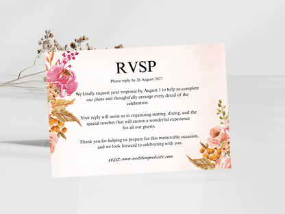 Pink Floral Wedding Invitation Suite, Watercolor Thank You Card, Menu, RSVP & Details Card, Bottle Label MTC375