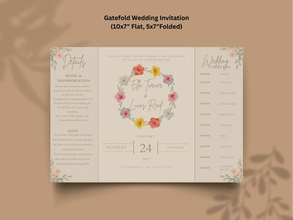 Floral Gatefold Wedding Invitation | Elegant Timeline Wedding Card | Modern Botanical Wedding Invitation with Details & Schedule. WI154