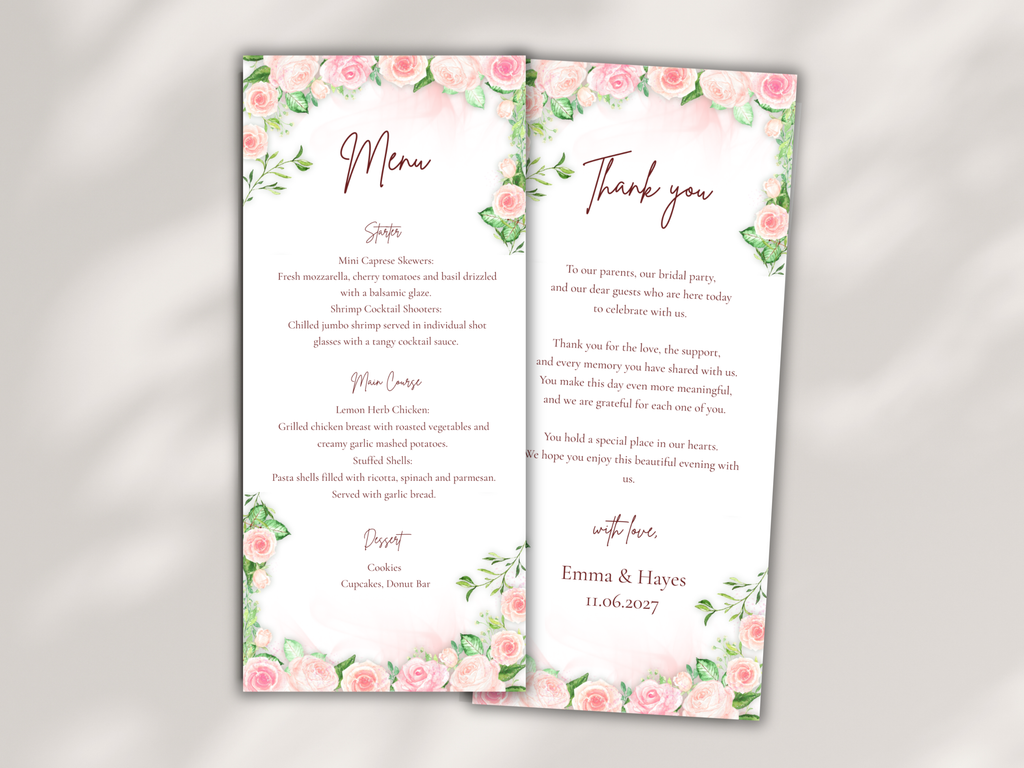 Floral Wedding Menu Template, Thank You Card. WI196
