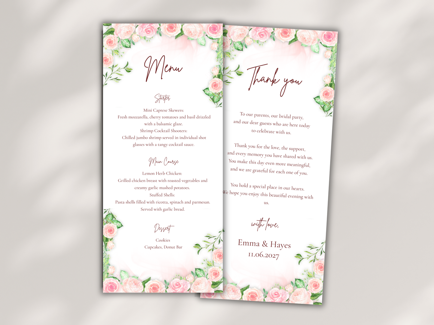 Floral Wedding Menu Template, Thank You Card. WI196