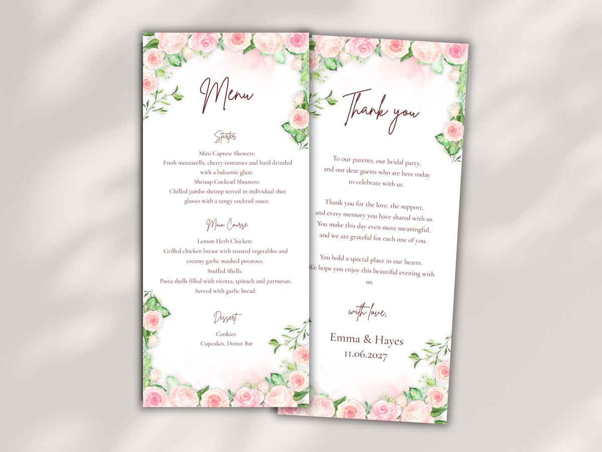 Floral Wedding Menu Template, Thank You Card. WI196