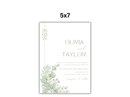 Sage Green Wedding Invitation Suite with Menu Card, Editable Wedding invite, Minimal Invite, Simple Editable Invite Template. WT56