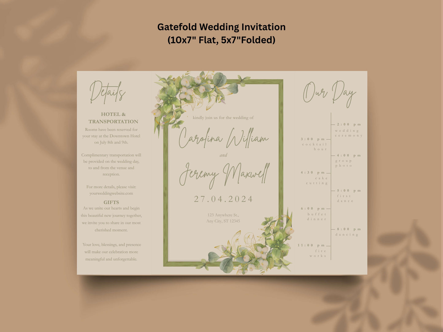 Greenery Wedding Invitation Template | Floral Timeline Itinerary Card | Rustic Botanical Printable Wedding Program. WI148