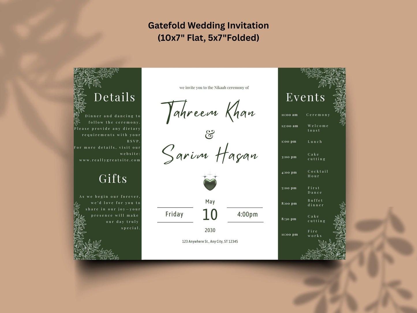 Elegant Green Floral Wedding Invitation Template | Modern Folded Wedding Invite with Timeline | Printable Wedding Suite. WI151