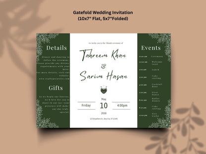 Elegant Green Floral Wedding Invitation Template | Modern Folded Wedding Invite with Timeline | Printable Wedding Suite. WI151