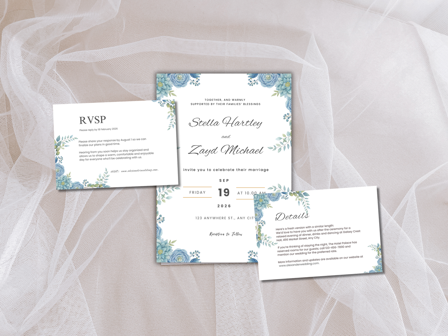 Wedding Invitation Bundle, RSVP, Thank You Card, Table Card, Menu Card, Reception Card, Details Card. WI242