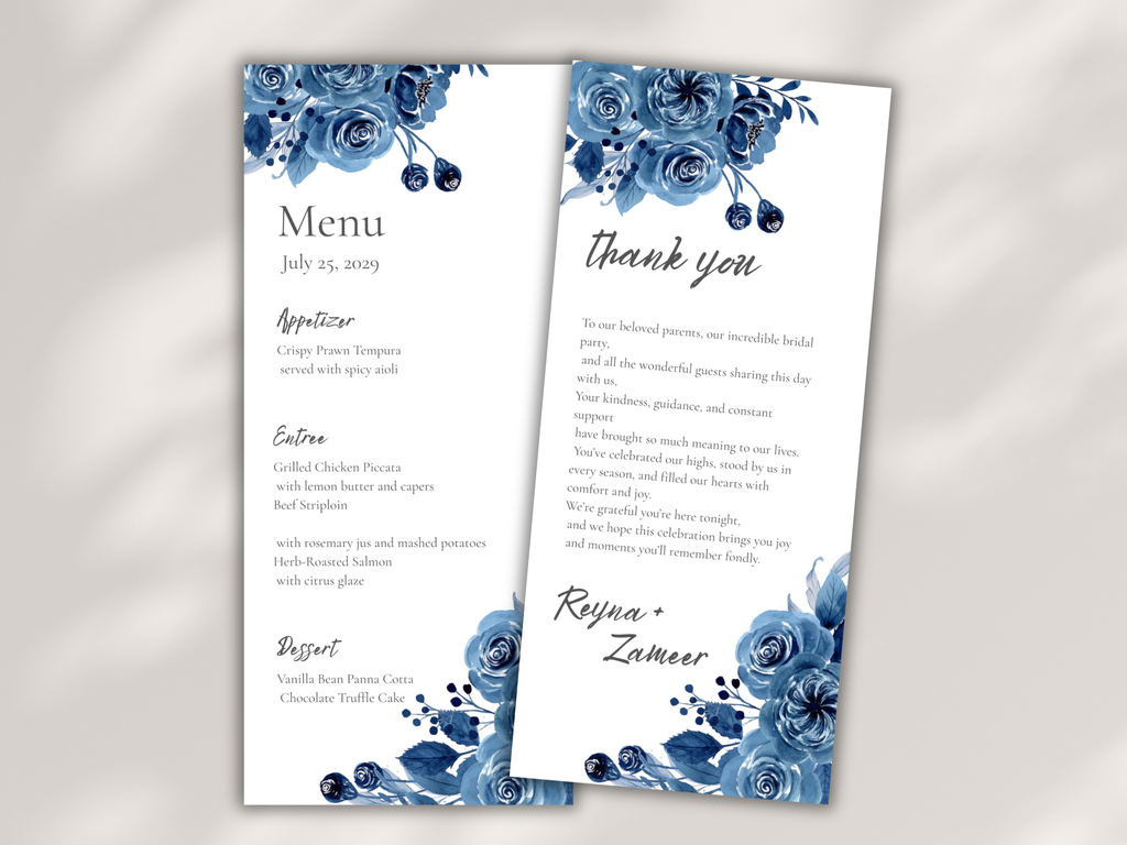 Blue Floral Wedding Menu & Thank You Card Set, Editable Template, Place Card.WI213