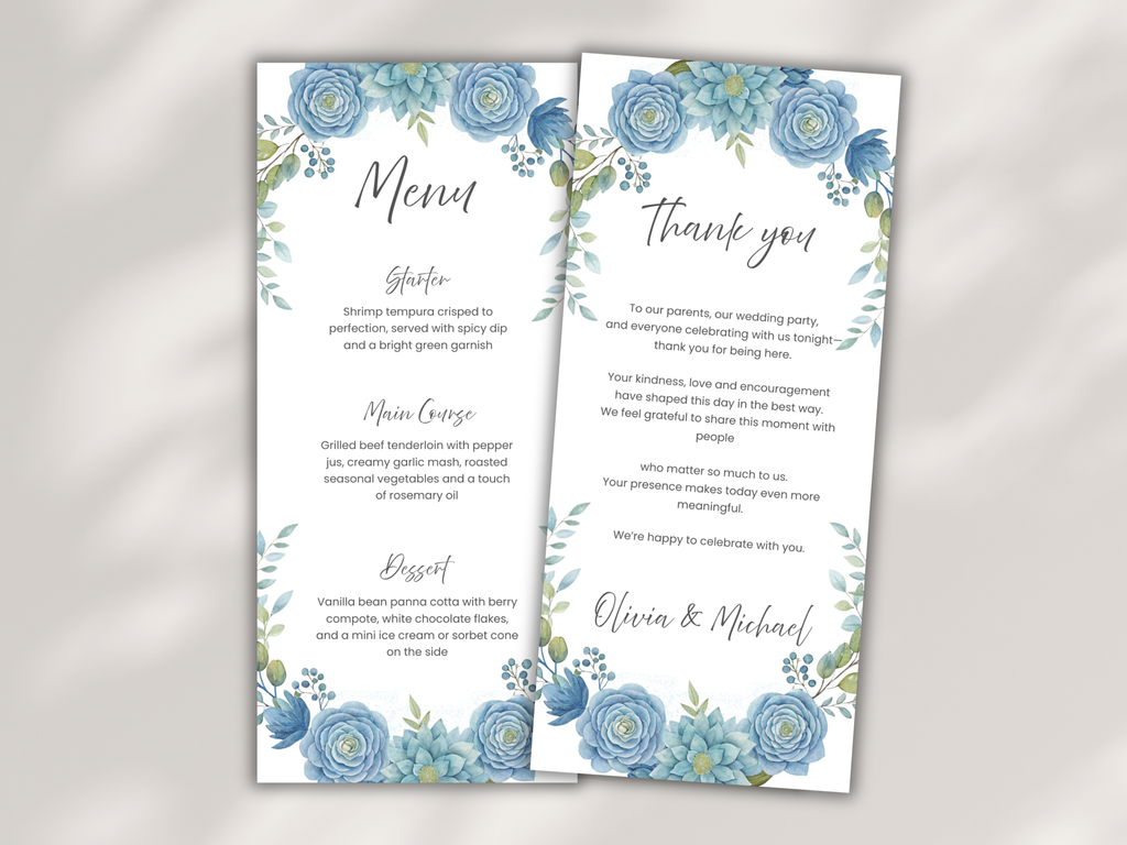 Floral Wedding Menu & Thank You Template | Editable Canva Place Card. WI206