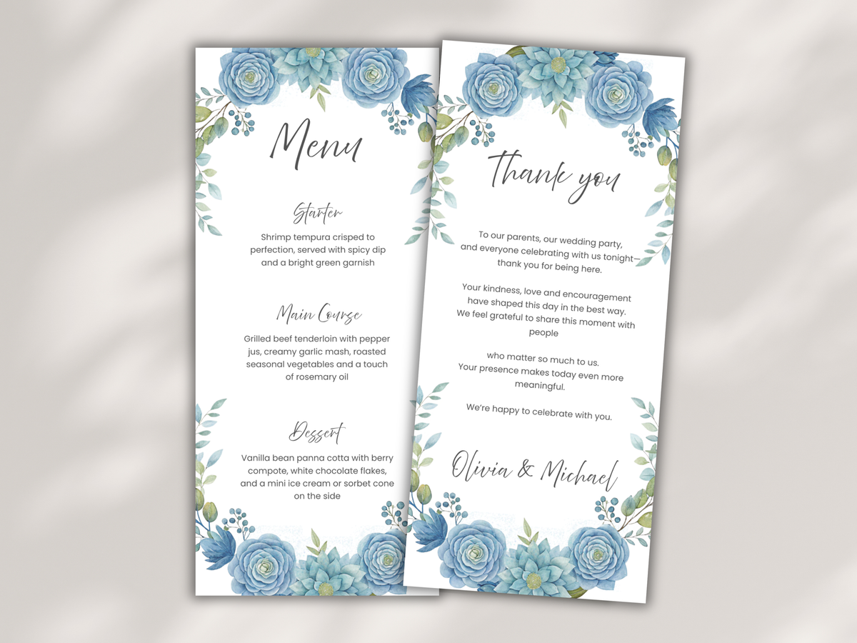 Floral Wedding Menu & Thank You Template | Editable Canva Place Card. WI206