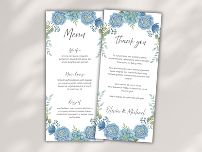 Floral Wedding Menu & Thank You Template | Editable Canva Place Card. WI206