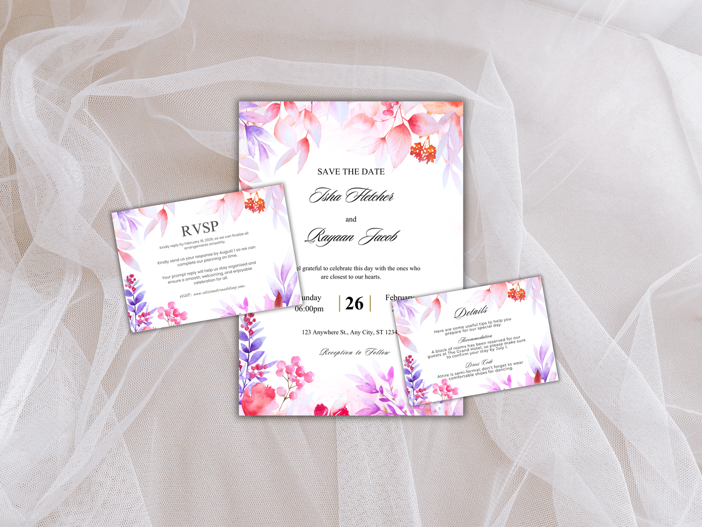 Wedding Invitation Set, RSVP, Wedding Invitation, Details, Editable, Template, WI251