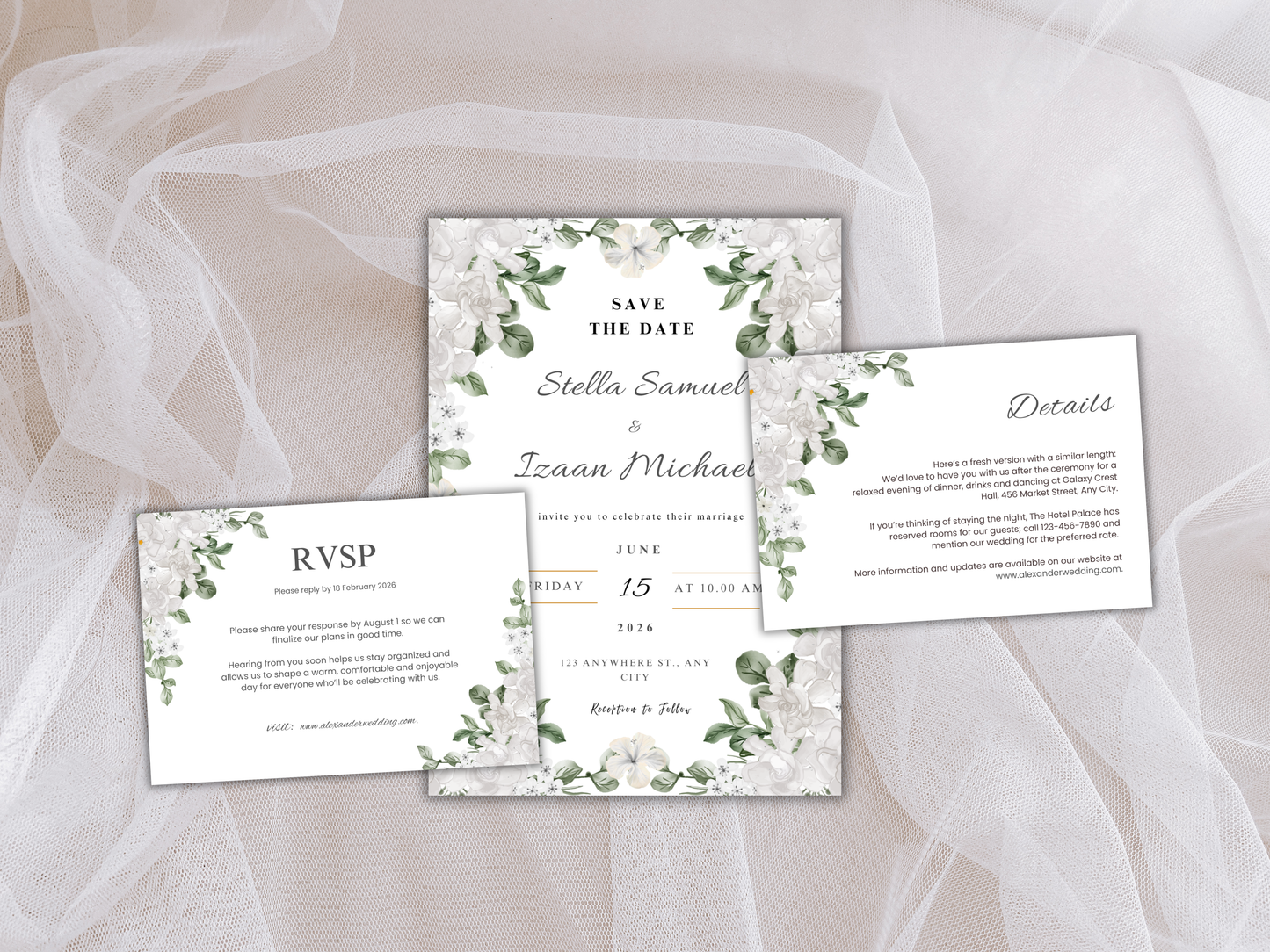 Wedding Invitation Bundle, RSVP, Thank You Card, Table Card, Menu Card, Reception Card, Details Card. WI244