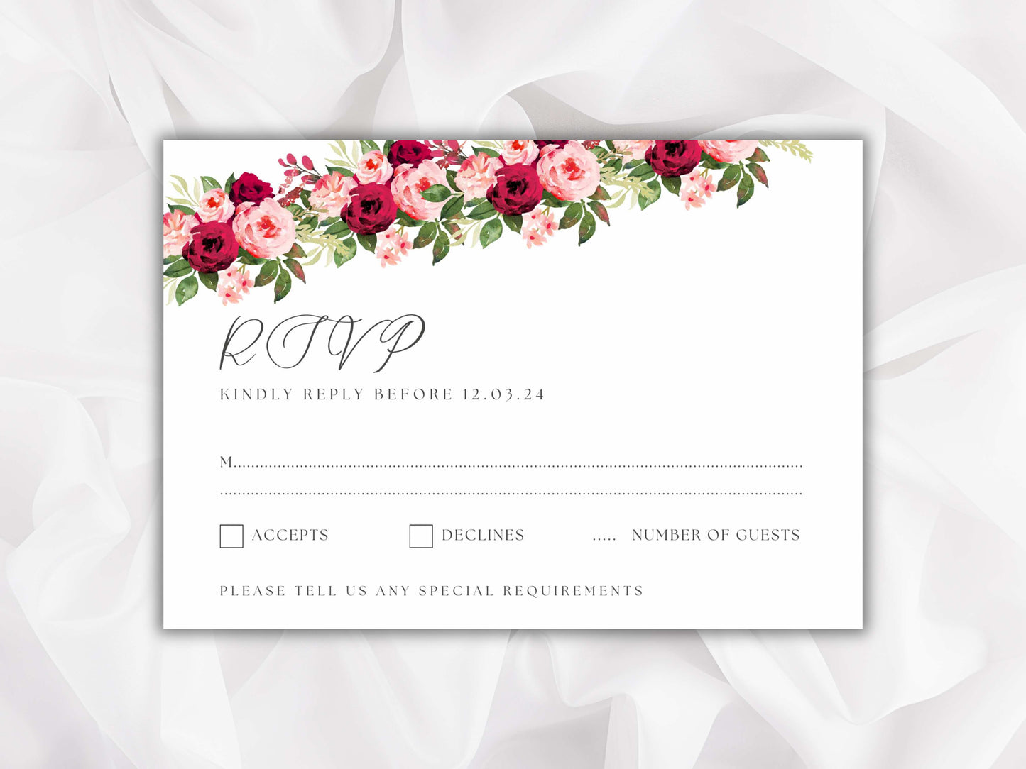 Red wedding invitation template set, printable invite suite editable rsvp details card, pink floral wedding card, wc83