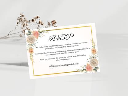 Peach & Ivory Floral Wedding Invitation Suite,  RSVP, Details, Menu, Thank You, Digital Download  MTC407