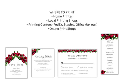 Red Rose Wedding Invitation set, Red Rose RSVP, Dark Red floral, Elegant Red Rose wedding Invitation, Details Editable, Menu Card, WT39