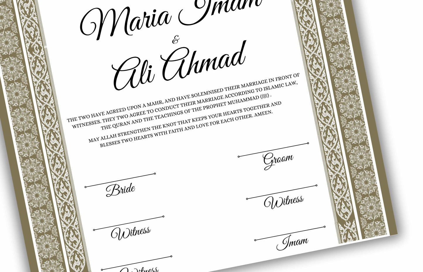 Luxury Nikkah certificate ,A3/a4 Nikkah Nama, Nikah , Islamic wedding contract, Muslim Marriage Certificate, Personalised Names. NN138