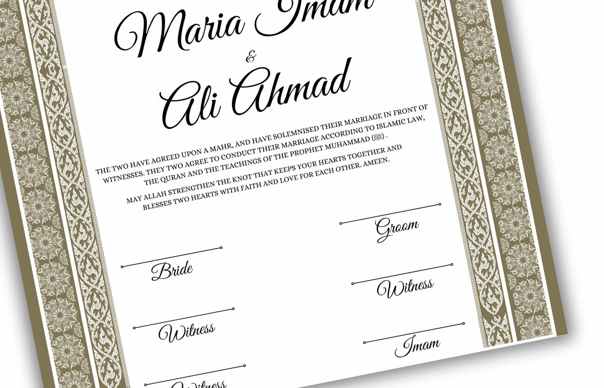 Luxury Nikkah certificate ,A3/a4 Nikkah Nama, Nikah , Islamic wedding contract, Muslim Marriage Certificate, Personalised Names. NN138