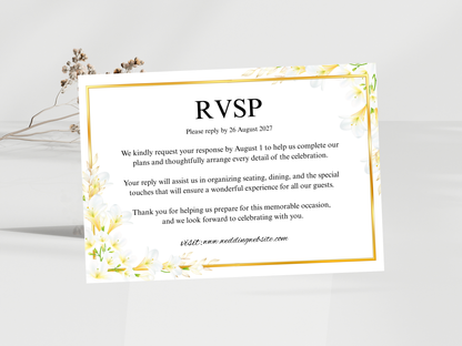 White Lily Wedding invitation Card, Gold Floral Menu Template, Detailed, RVSP,  Editable Thank You, Bottle Label, Table Card, MTC373
