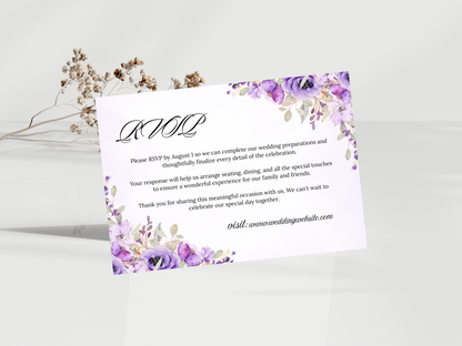 Watercolor Purple Floral Wedding invitation Bundle, Editable Canva Template, Details, RVSP, Instant Download MTC401
