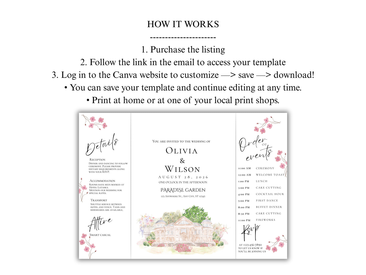 Elegant Trifold Wedding Invitation Template, Blossom Floral Wedding Invite, Editable Printable Invite, Garden Ceremony Card. WEIB121