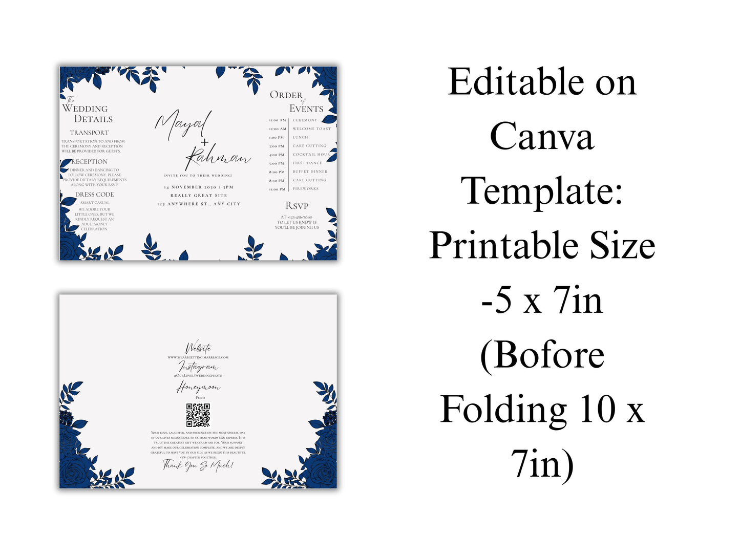 Elegant Gatefold Wedding Invitation | Blue Floral Printable Invite | Modern Ceremony Reception Card | Editable Template. WI133