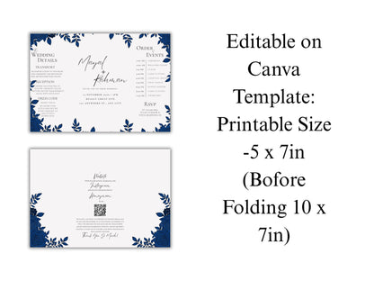 Elegant Gatefold Wedding Invitation | Blue Floral Printable Invite | Modern Ceremony Reception Card | Editable Template. WI133