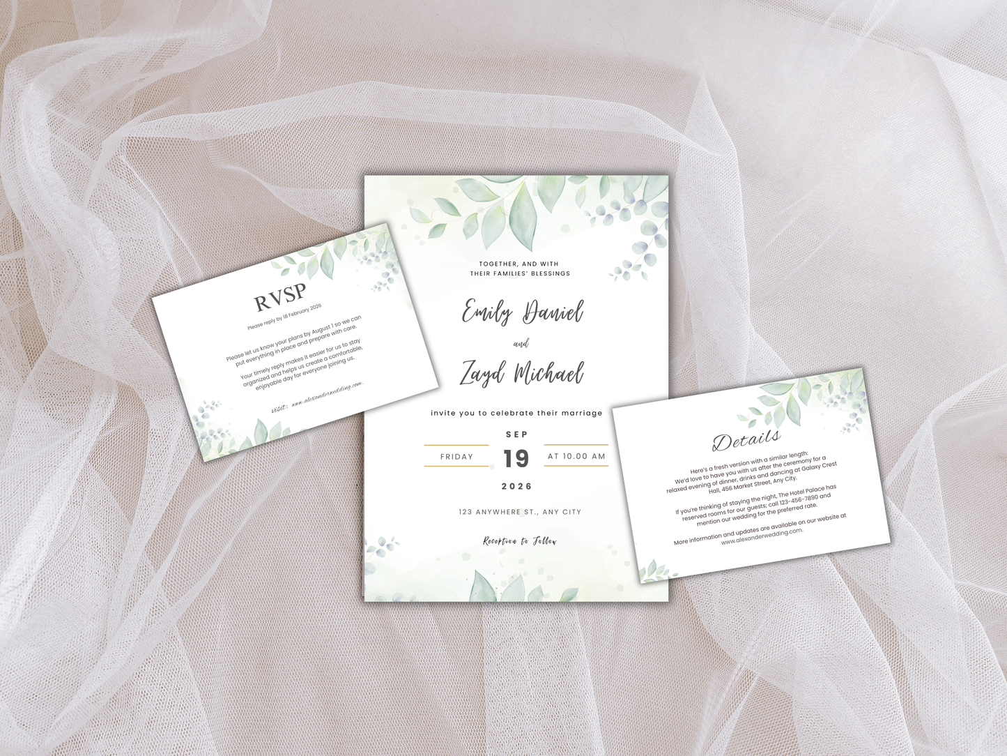 Wedding Invitation Bundle, RSVP, Thank You Card, Table Card, Menu Card, Reception Card, Details Card. WI240