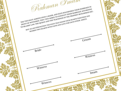 Luxury Nikkah Certificate, Premium A4 Islamic Wedding Contract, Nikkah Nama, Muslim Marriage Certificate, Personalised Names, A4, A3. NN214