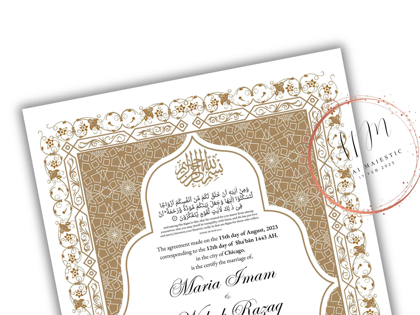 Nikkah Certificate Digital Download Personalized, Luxury Nikkah Contract, Islamic Wedding Contract, Personalized Muslim Wedding Gift. NN188